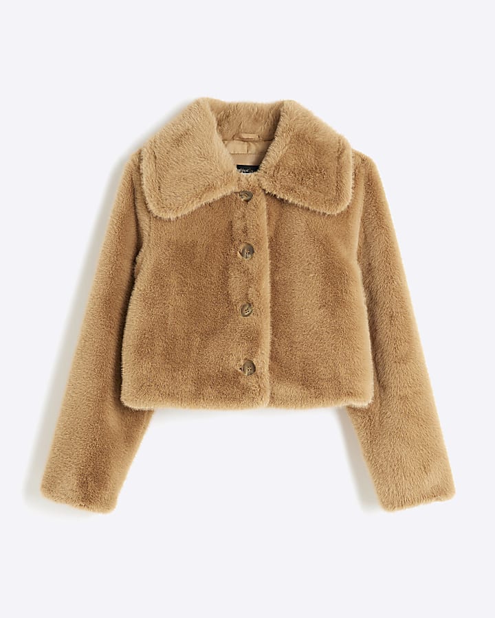 Petite Beige Faux Fur Button Up Jacket