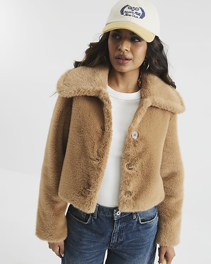 Petite Beige Faux Fur Button Up Jacket