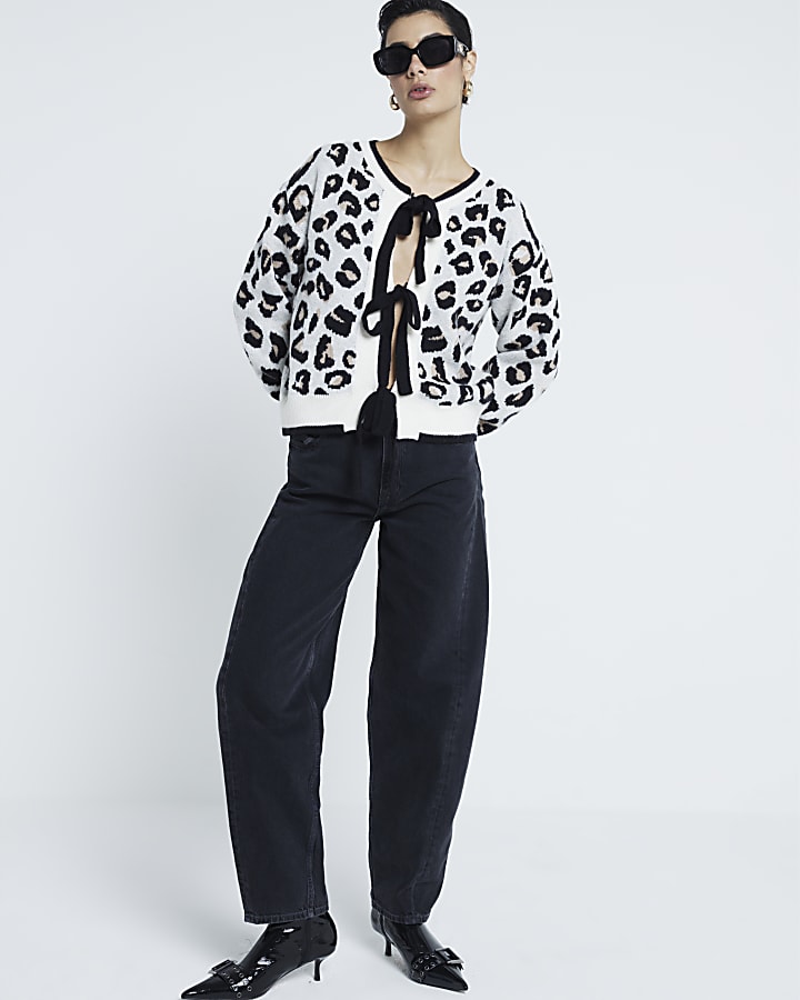 Beige Knit Leopard Print Tie Cardigan