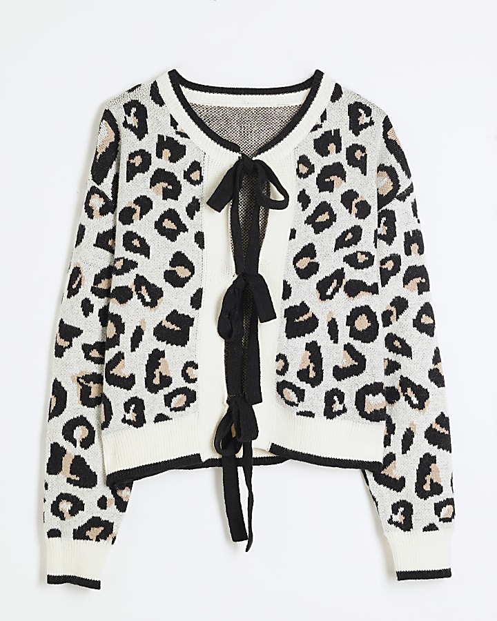 Beige Knit Leopard Print Tie Cardigan