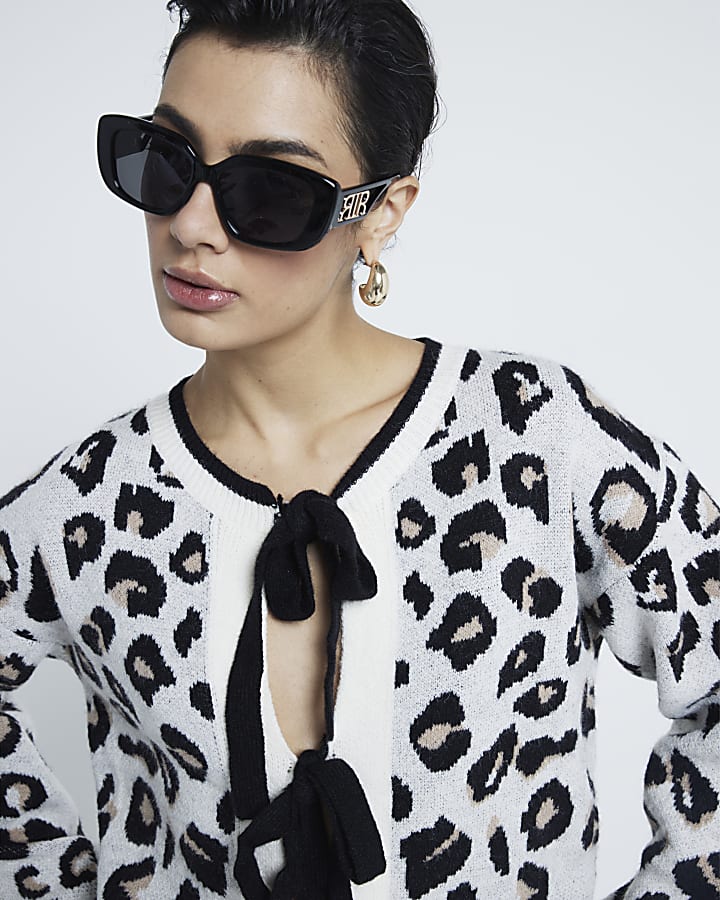 Beige Knit Leopard Print Tie Cardigan