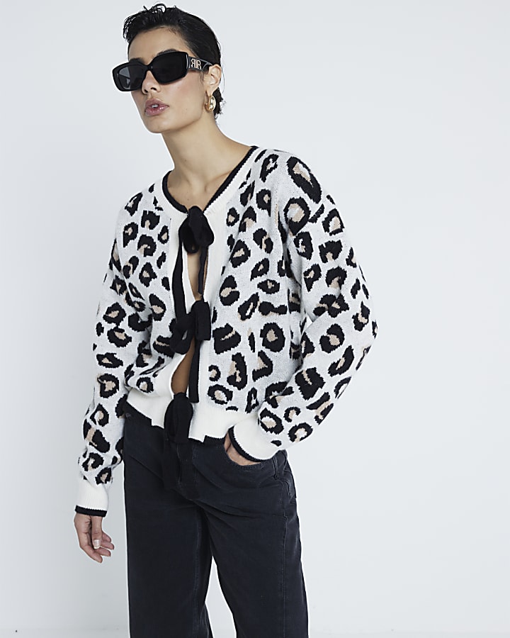 Beige Knit Leopard Print Tie Cardigan