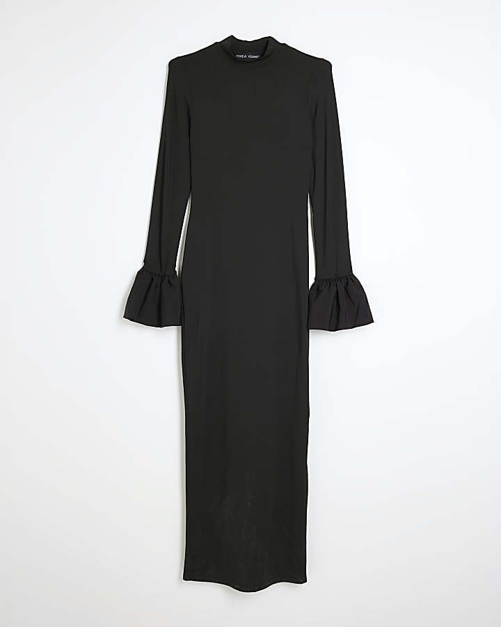 Black Long Sleeve Cuffed Maxi Dress