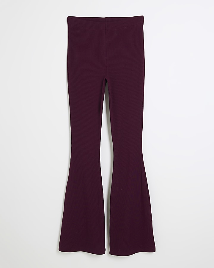 Red Fitted Rib Flared Trousers