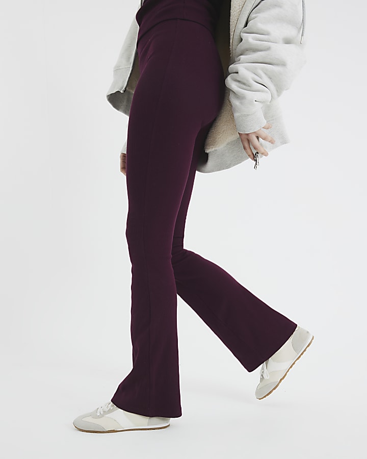 Red Fitted Rib Flared Trousers