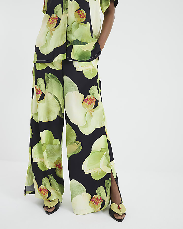 Black Satin Floral Print Wide Leg Trousers