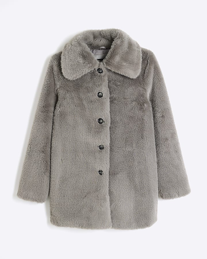 Grey Faux Fur Button Up Midi Coat