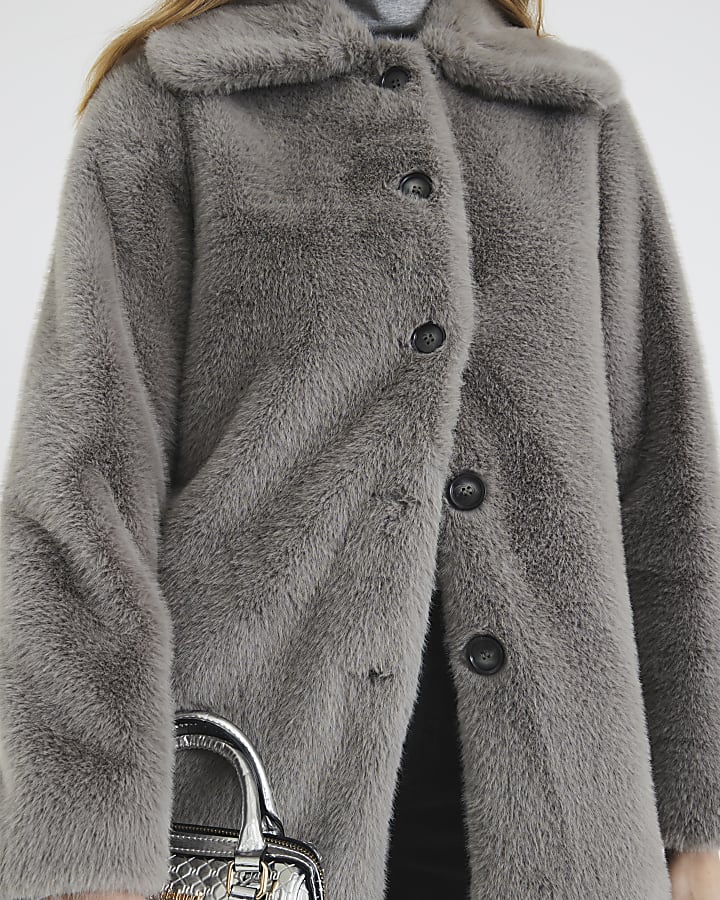 Grey Faux Fur Button Up Midi Coat