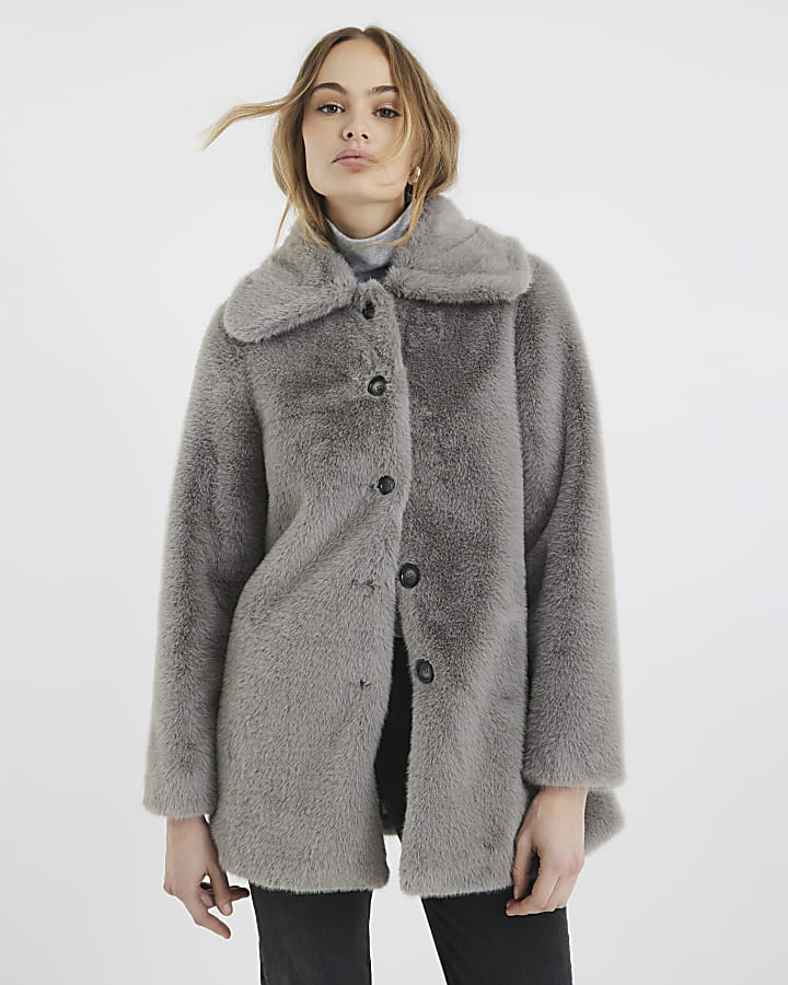 Grey Faux Fur Button Up Midi Coat