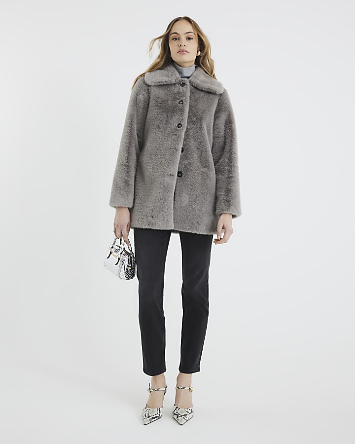 Grey Faux Fur Button Up Midi Coat