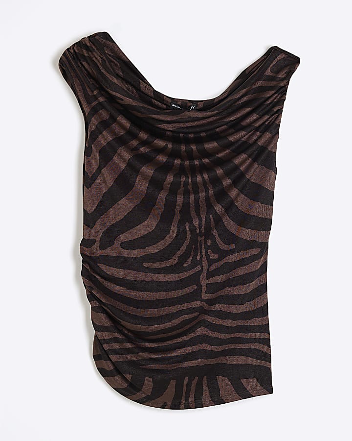 Brown Slinky Zebra Cowl Drape Blouse