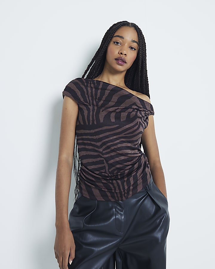 Brown Slinky Zebra Cowl Drape Blouse