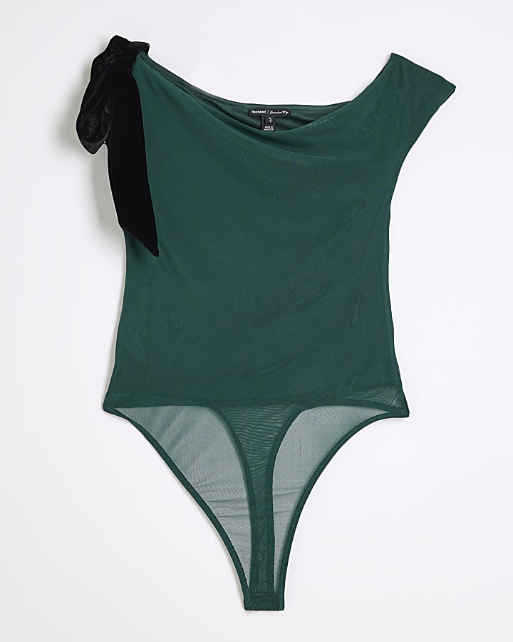 Green Mesh Velvet Tie Bodysuit