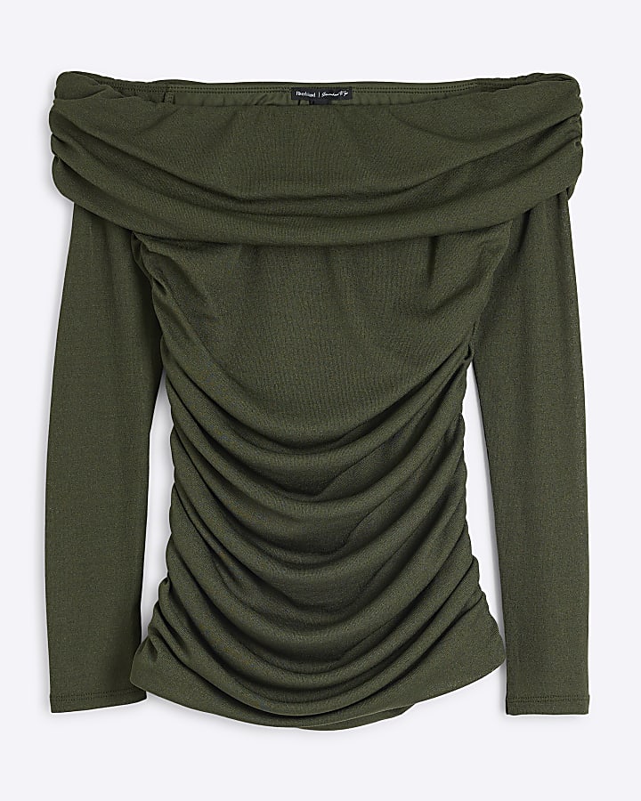 Khaki Long Sleeve Ruched Bardot Top