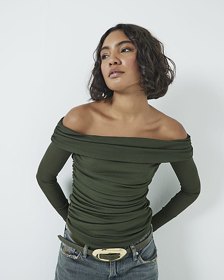 Khaki Long Sleeve Ruched Bardot Top