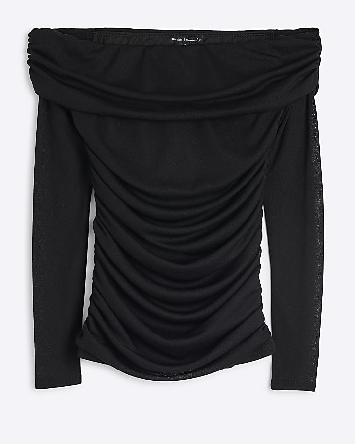 Black Long Sleeve Ruched Bardot Top