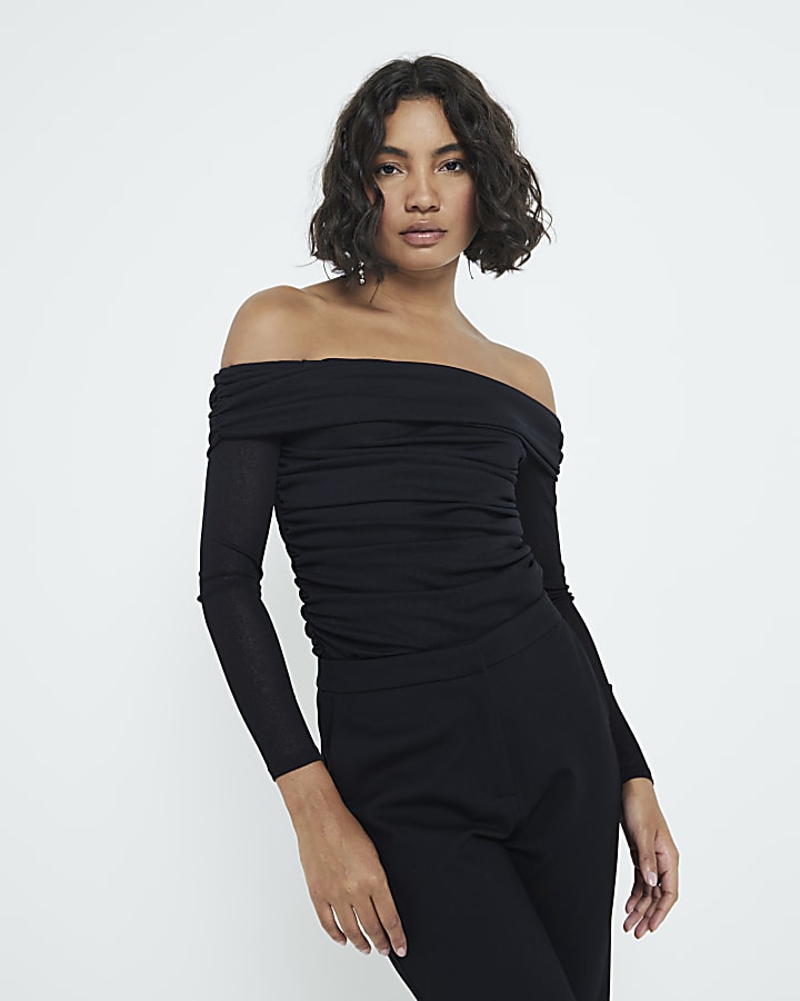 Black Long Sleeve Ruched Bardot Top