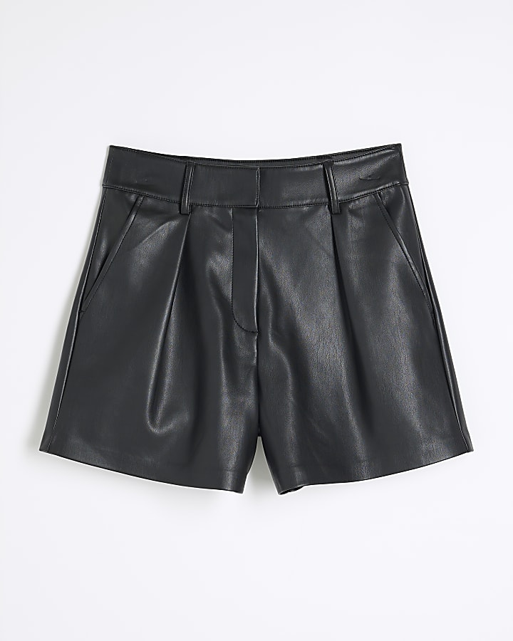 Black Faux Leather Belted Shorts