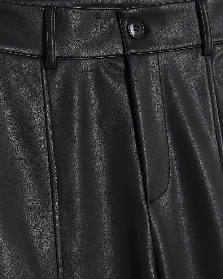 Black Faux Leather Cuffed Wide Leg Trousers