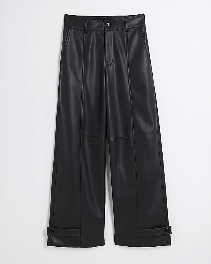 Black Faux Leather Cuffed Wide Leg Trousers