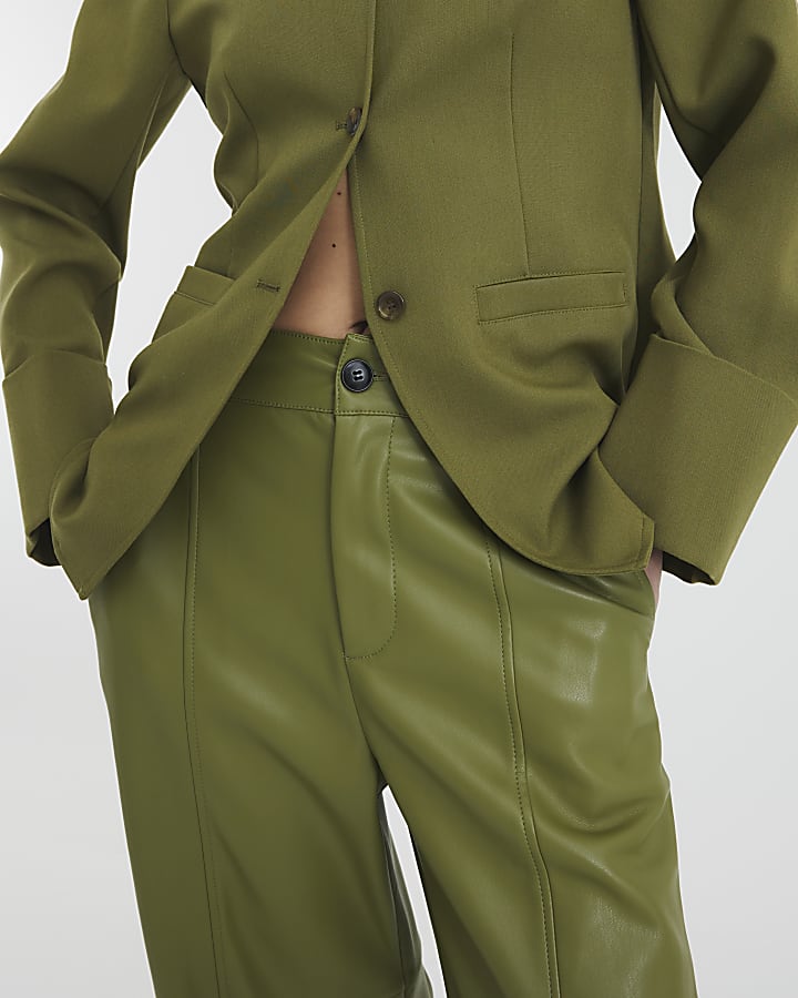 Khaki Faux Leather Cuffed Wide Leg Trousers