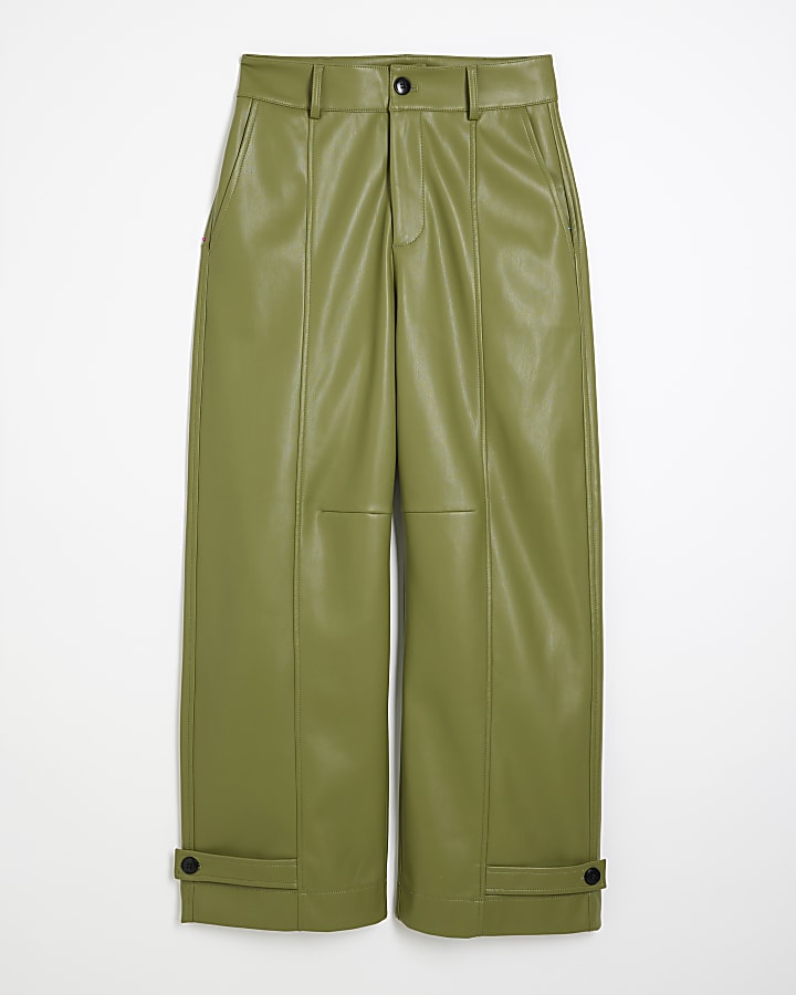 Khaki Faux Leather Cuffed Wide Leg Trousers