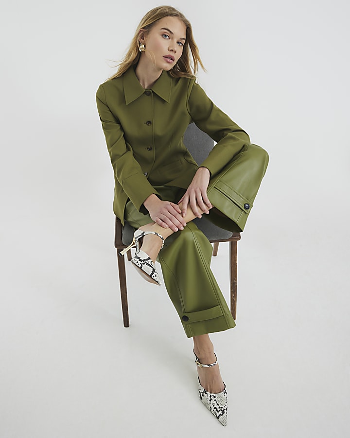 Khaki Faux Leather Cuffed Wide Leg Trousers