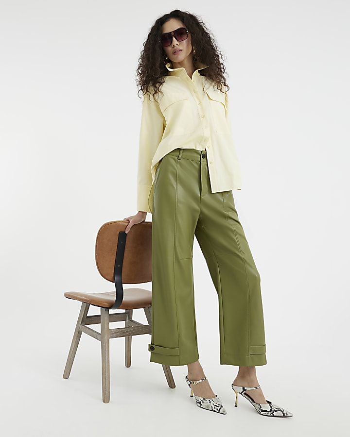 Khaki Faux Leather Cuffed Wide Leg Trousers