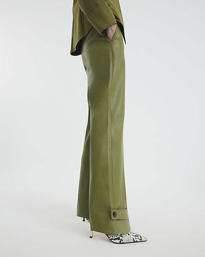 Khaki Faux Leather Cuffed Wide Leg Trousers