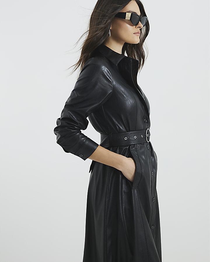 Black Faux Leather Midi Shirt Dress