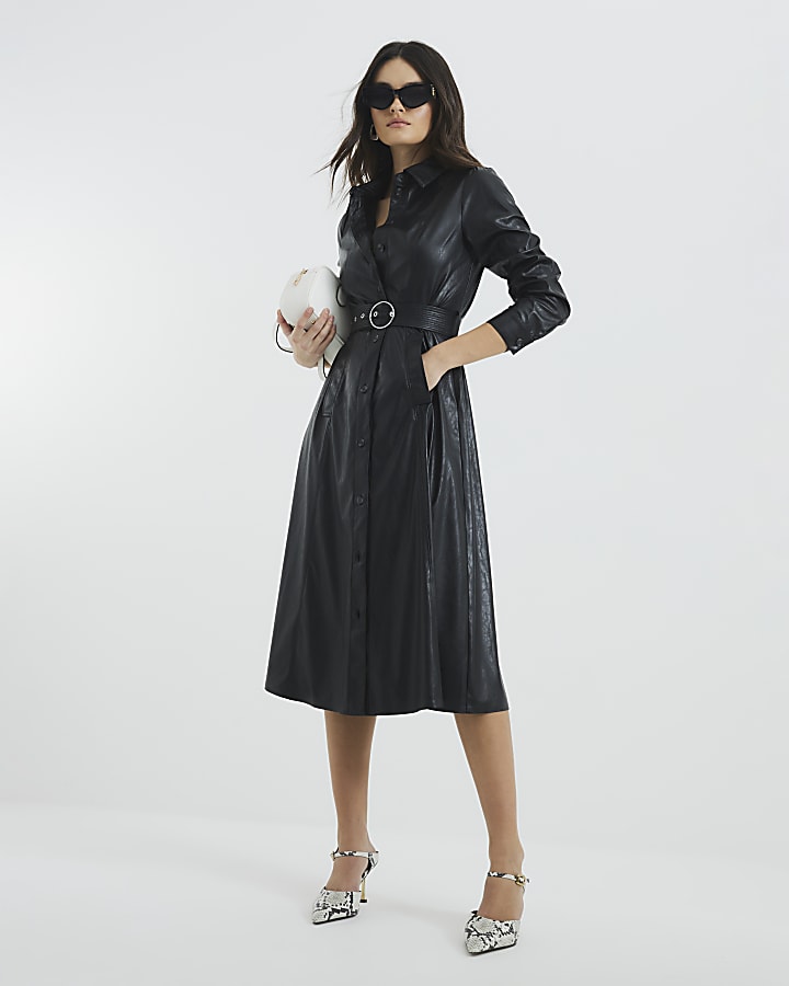 Black Faux Leather Midi Shirt Dress