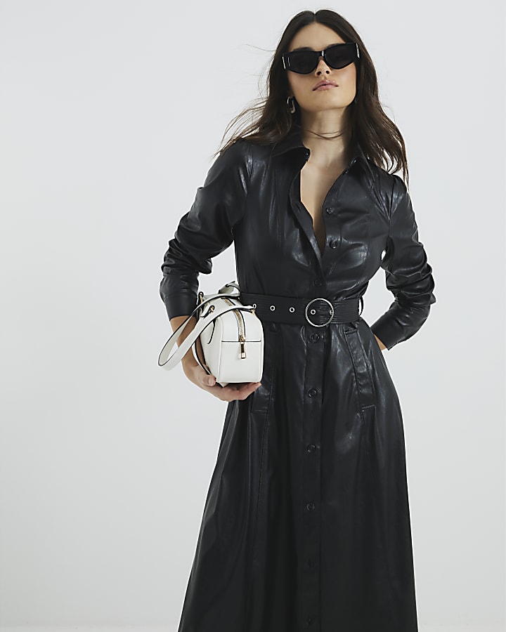 Black Faux Leather Midi Shirt Dress