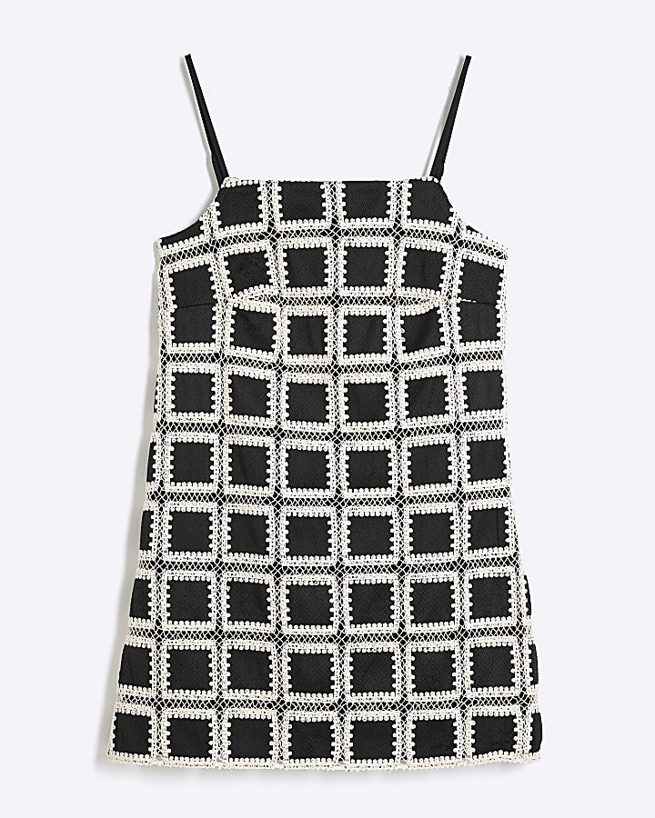 Black Sleeveless Crochet Mini Shift Dress