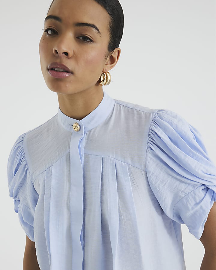 Blue Short Sleeve Stripe Pleated Blouse