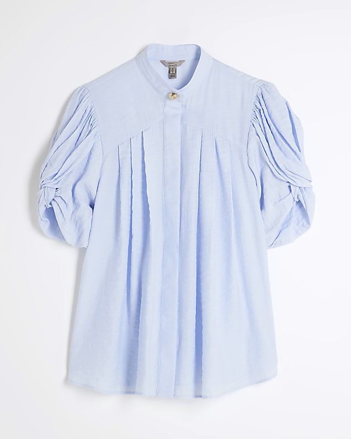 Blue Short Sleeve Stripe Pleated Blouse