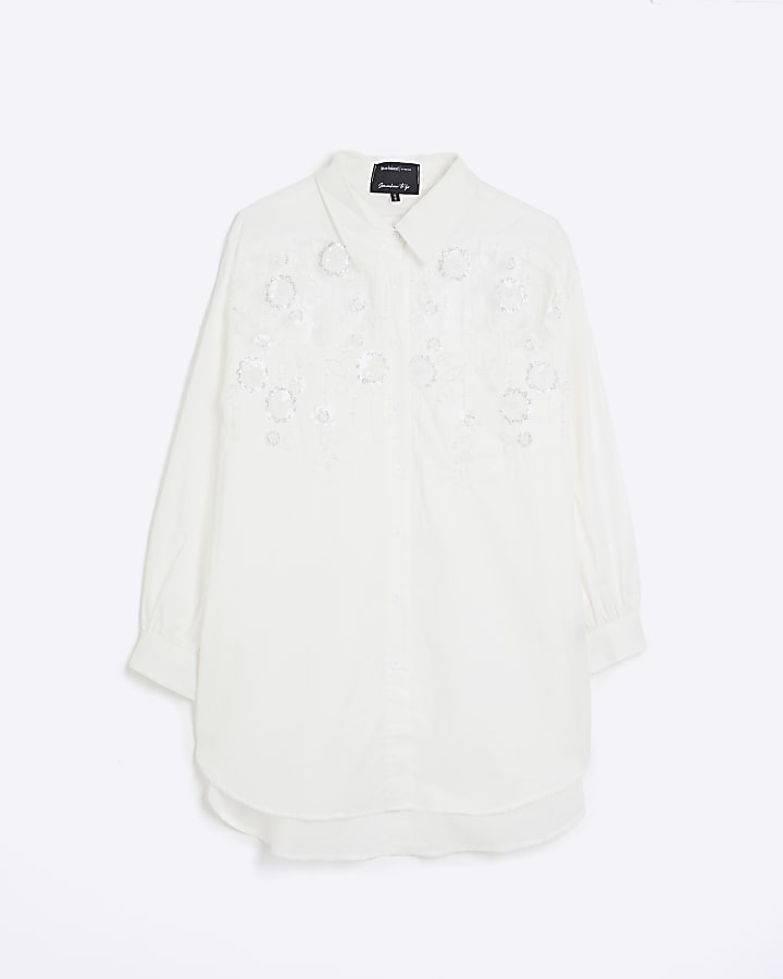 White Long Sleeved Embellished Mesh Shirt