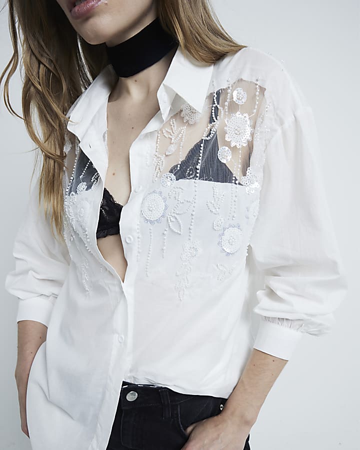 White Long Sleeved Embellished Mesh Shirt