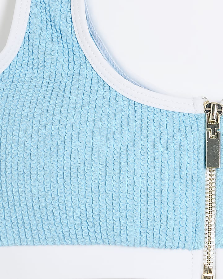 Blue Zip Front Textured Bikini Top