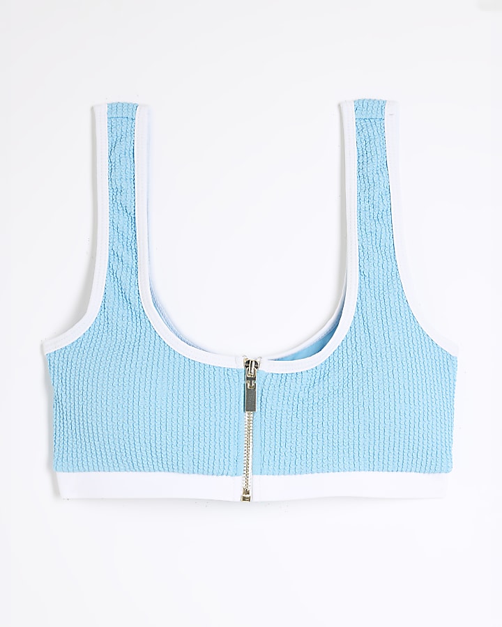 Blue Zip Front Textured Bikini Top