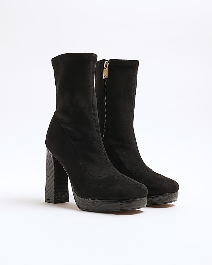 Black Faux Suede Platform Sock Boots