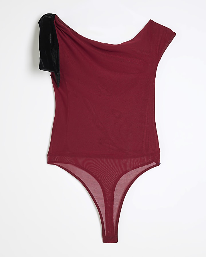 Red Mesh Velvet Tie Bodysuit