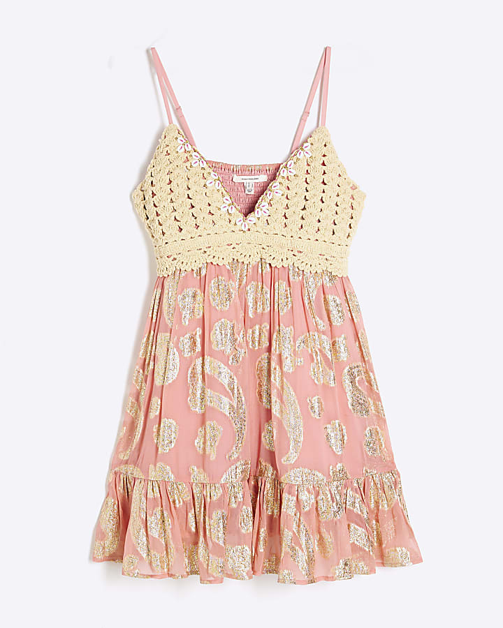 Pink Crochet Mix Printed Mini Beach Dress