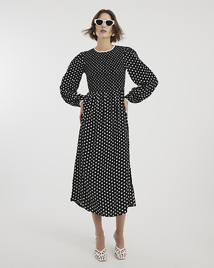 Black Long Sleeve Shirred Spot Midi Dress