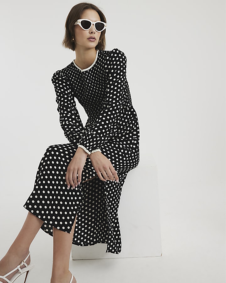 Black Long Sleeve Shirred Spot Midi Dress