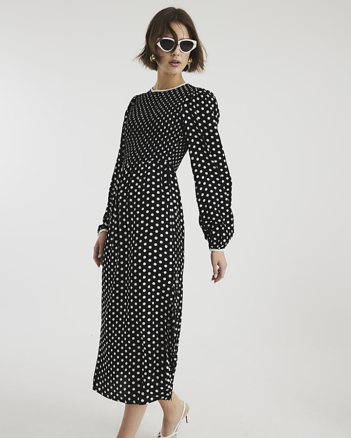 Black Long Sleeve Shirred Spot Midi Dress