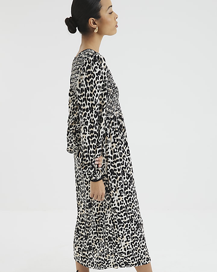 Cream Shirred Bodice Leopard Print Midi Dress