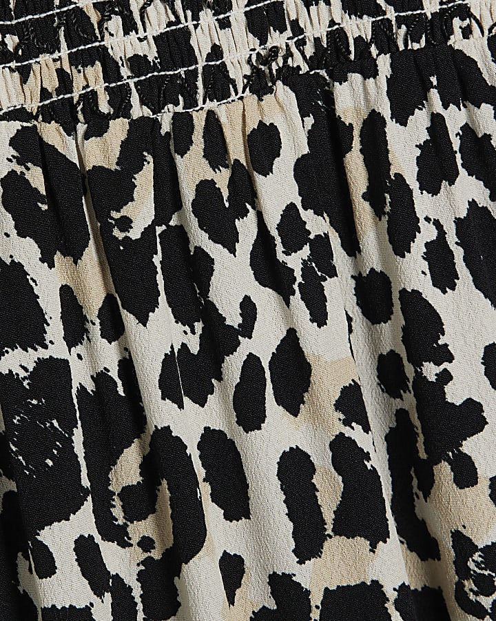 Cream Shirred Bodice Leopard Print Midi Dress