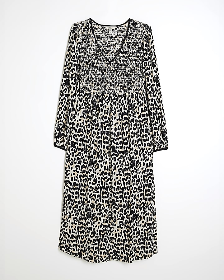 Cream Shirred Bodice Leopard Print Midi Dress