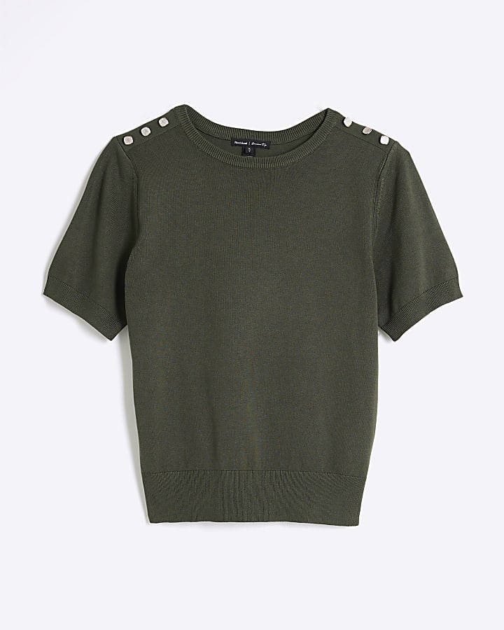 Khaki Short Sleeve Button Knit Top