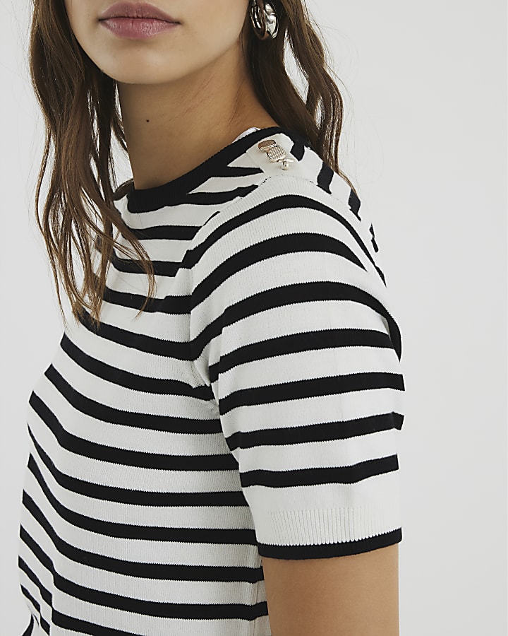 Black Striped Short Sleeve Button Knit Top